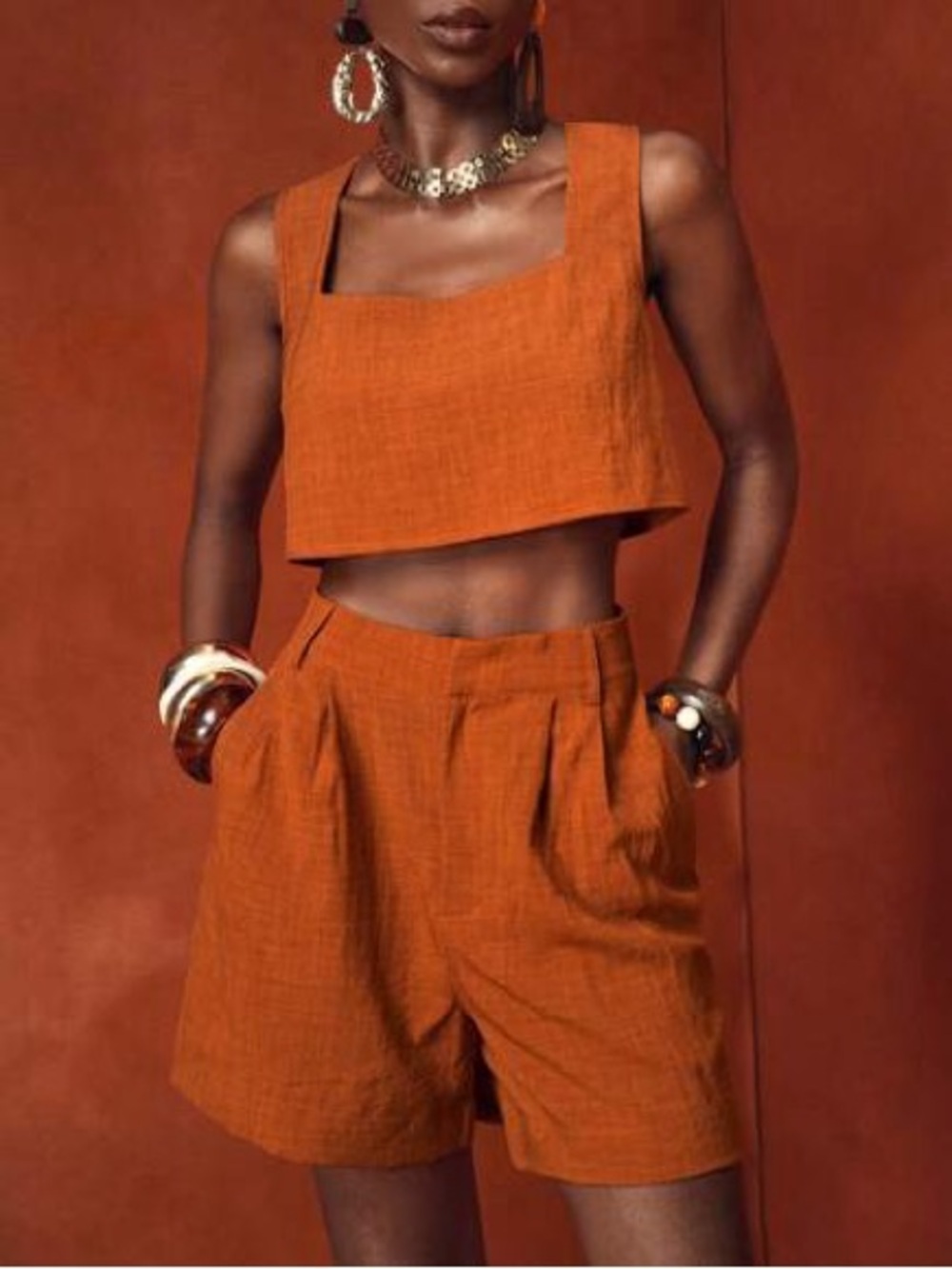 Rust Orange Linen Crop Tank & Shorts Set
